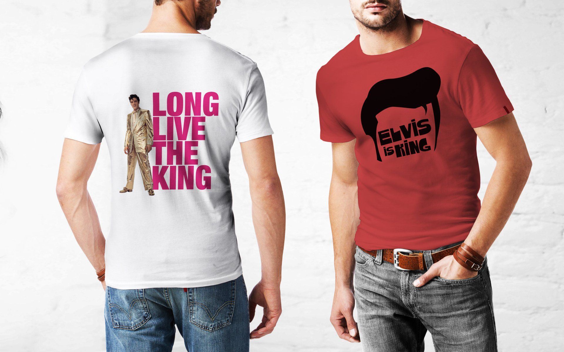 Two men wearing t-shirts one of which says long live the king