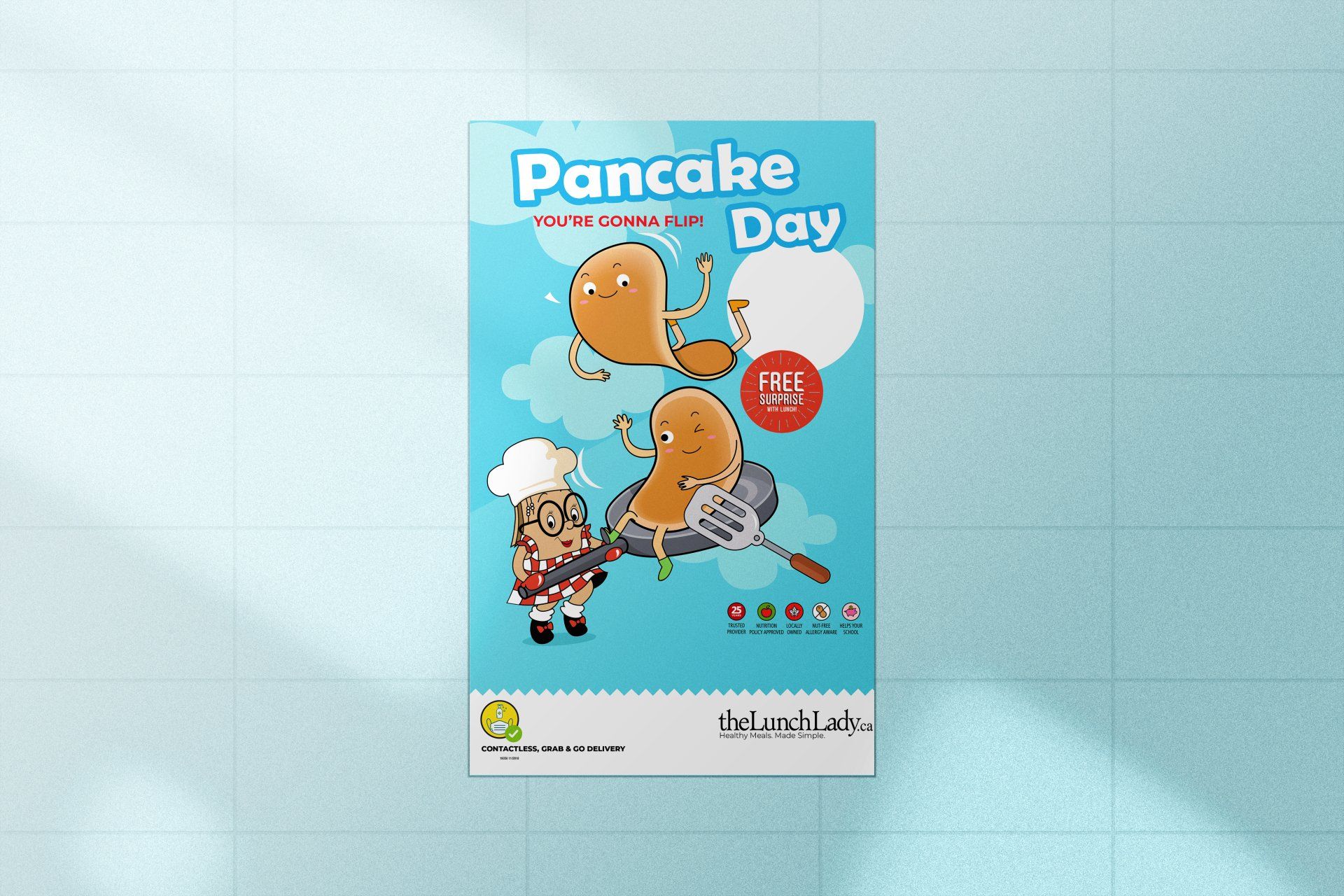A poster for pancake day with a chef and pancakes on it
