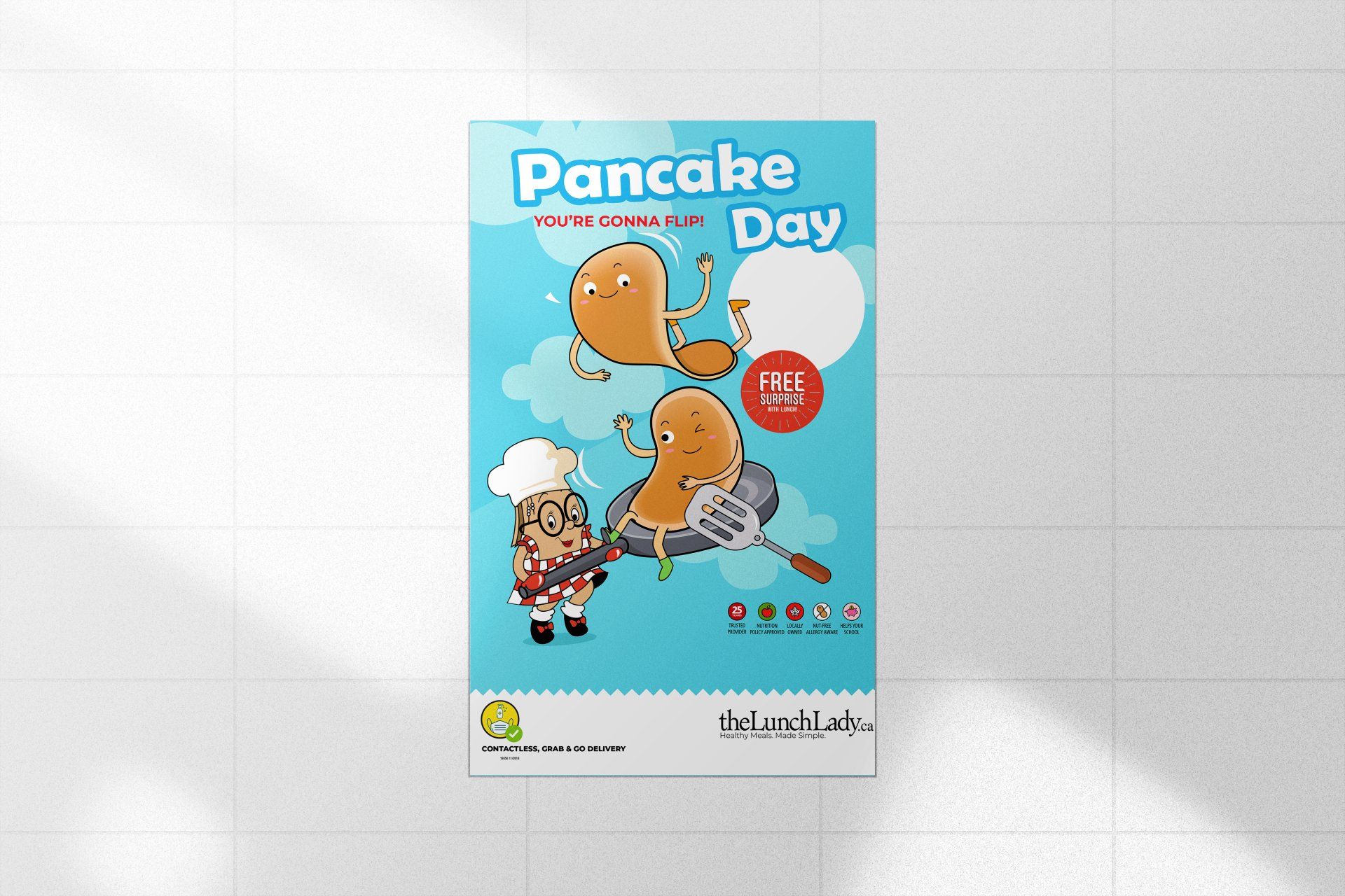 A poster for pancake day with a chef and pancakes on it.