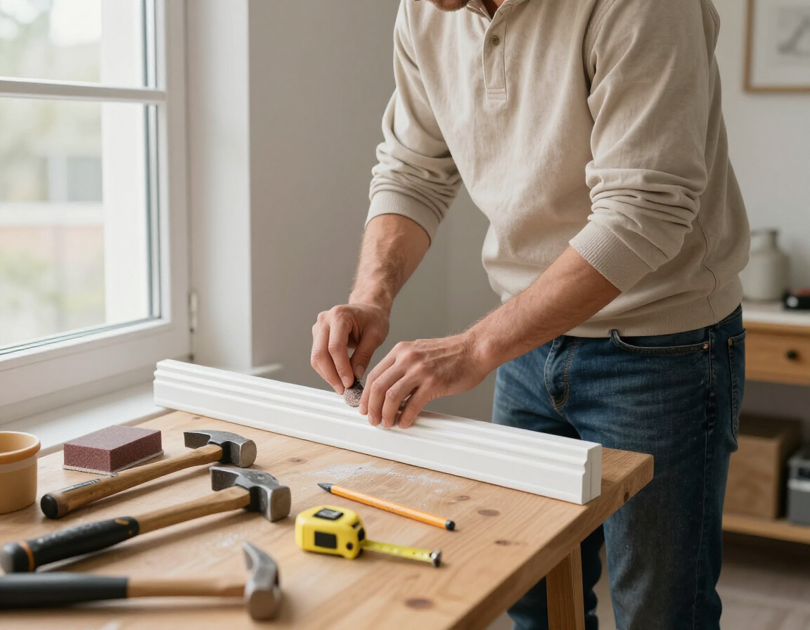 Handyman making precise repairs inside a modern home interior.