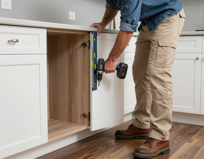 Handyman installing cabinets and finish carpentry in a home.
