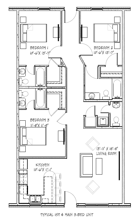 Typical First and Main 3-bedroom, 3.5-bath condo floor plan.