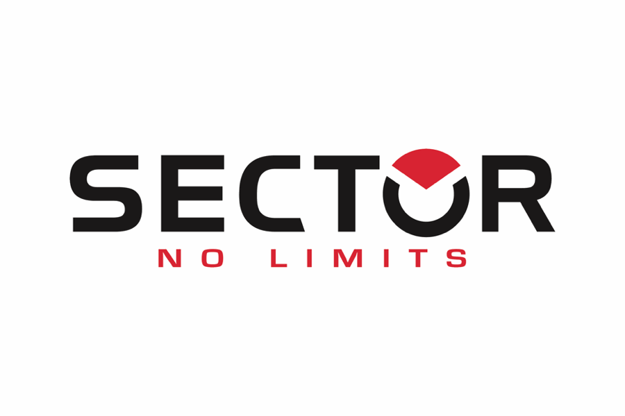 Logo del settore con testo nero e grafica rossa, 