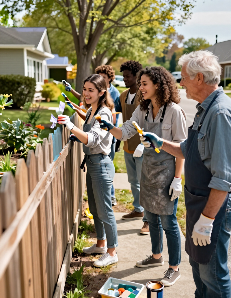 Neighbours painting a fence together