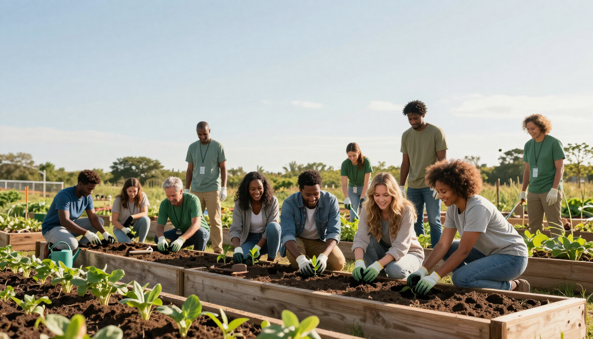 Volunteers planting a community garden together