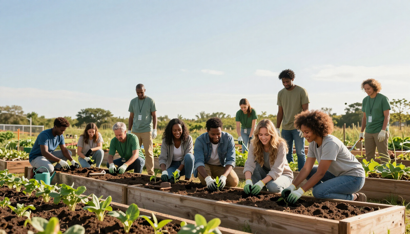 Volunteers planting a community garden