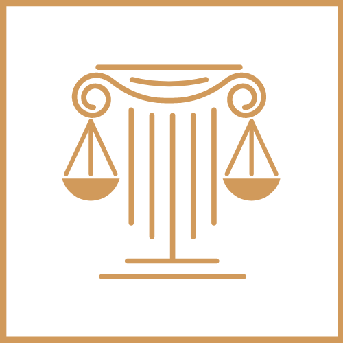 A scale of justice is sitting on top of a pillar.