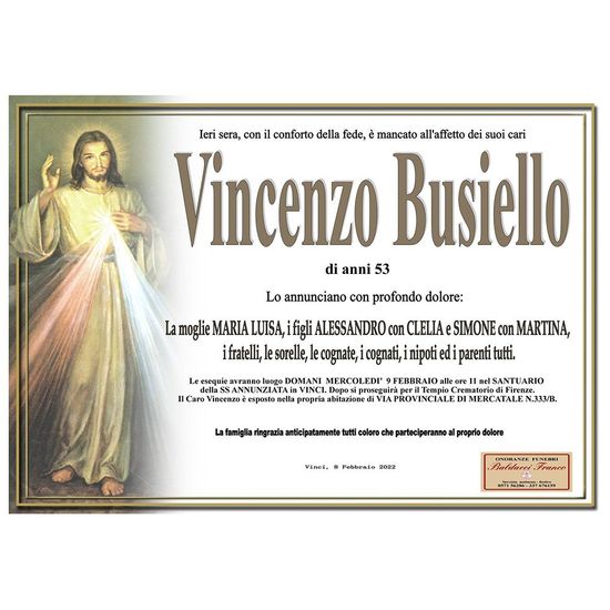 Manifesto commemorativo per Vincenzo Buscello, con immagine religiosa di Gesù a sinistra e testo in italiano su sfondo color crema.