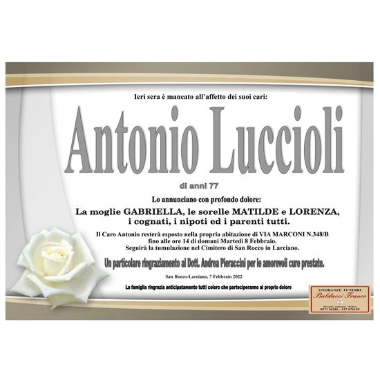 Annuncio funebre per Antonio Luccioli con rosa bianca e bordo beige-oro.