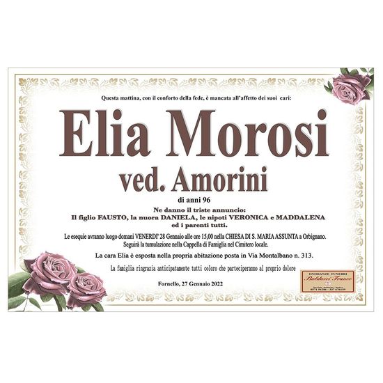 Annuncio funebre per Elia Morosi e Amorini, con bordure floreali su sfondo crema.