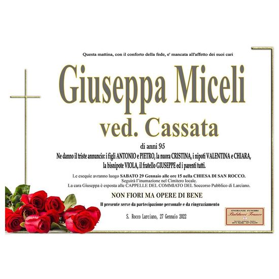 Annuncio funebre per Giuseppa Miceli ved. Cassata, con croce del rosario e rose rosse.