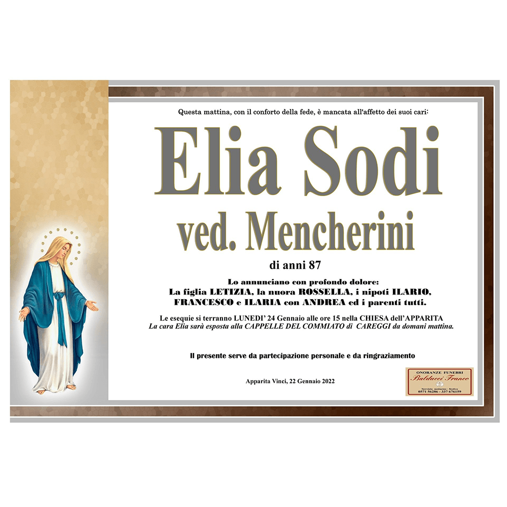 Invito di nozze italiano per Elia Sodi e Mencherini, con statua religiosa e bordo beige.