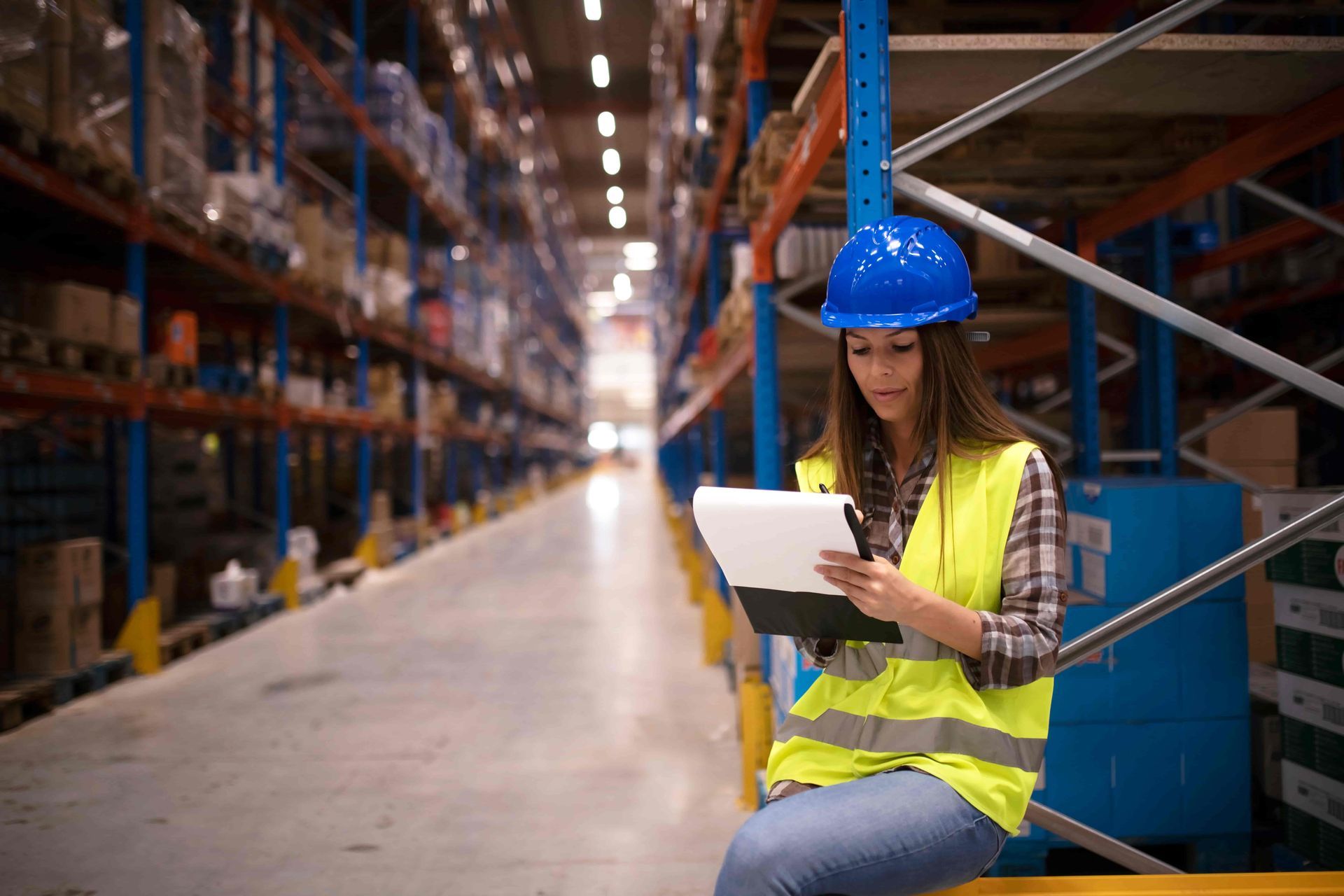 A Woman Is Sitting on a Shelf in a Warehouse Looking at a List