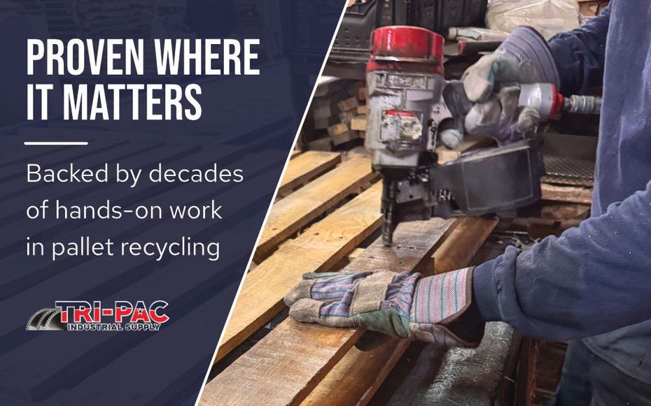 Worker using nail gun on pallet wood; text says “PROVEN WHERE IT MATTERS.