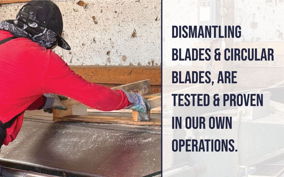 Worker in red shirt dismantling a pallet using large circular blade in a workshop; text notes blades are tested in-house.