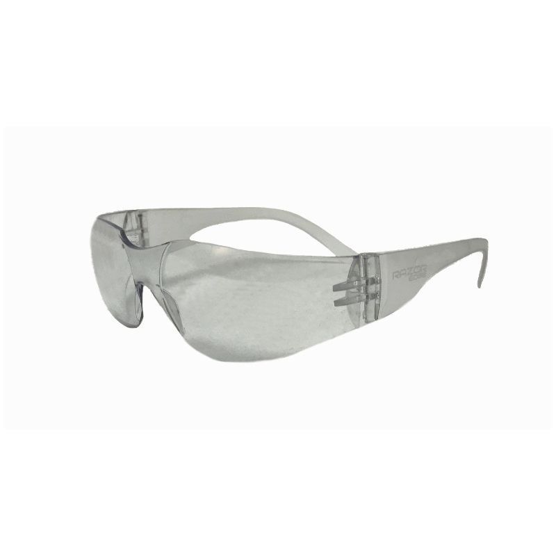 Gray wraparound safety sunglasses with a clear strap on a white background