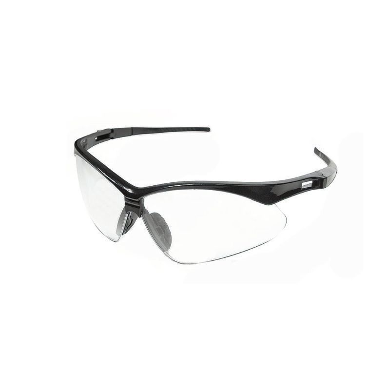 Black wraparound safety glasses with clear lenses on a white background