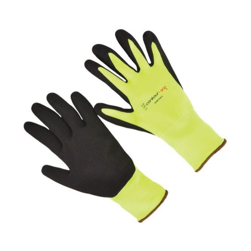 Pair of black and neon yellow work gloves on a white background
