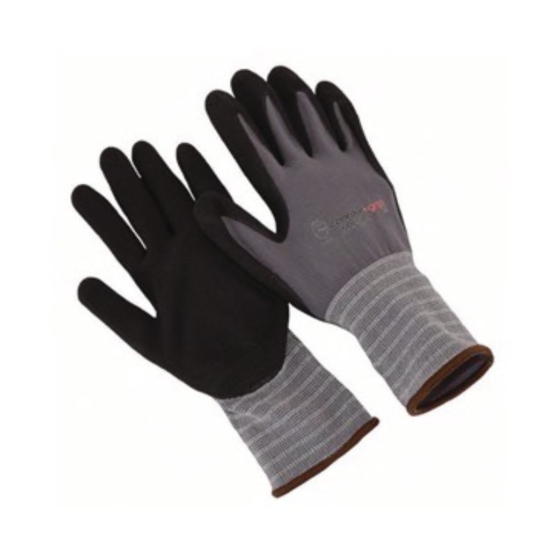 Pair of black and gray work gloves with ribbed cuffs on a white background