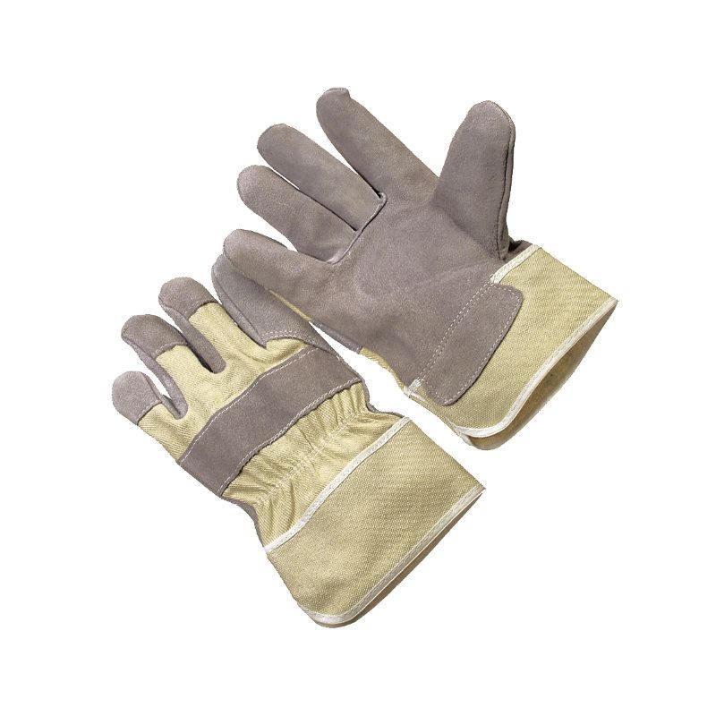 Pair of tan work gloves with gray palms and reinforced fingertips on a white background