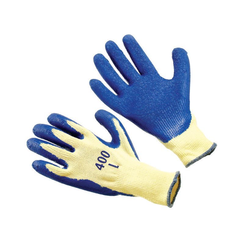 Blue and yellow work gloves with textured grip, shown pair on white background