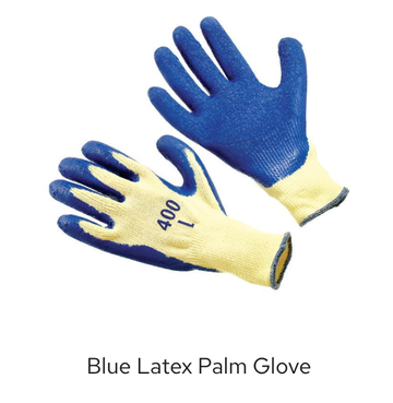 Blue latex palm gloves, blue-coated work gloves with yellow cuffs on white background