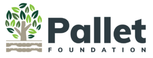 Pallet Foundation logo with tree icon and stacked wood planks in green, brown, and dark gray