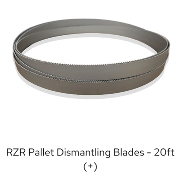 Gray 20-foot RZR pallet dismantling blade with serrated edge on white background