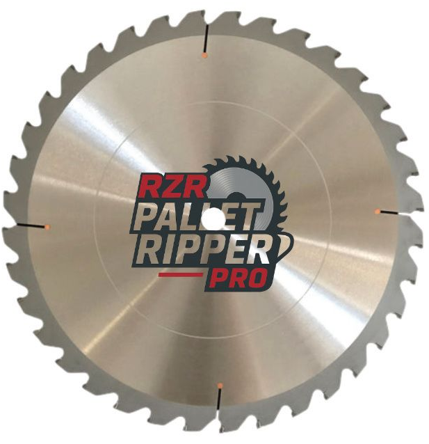 Silver circular saw blade with red and black “RZR PALLET RIPPER PRO” logo in the center