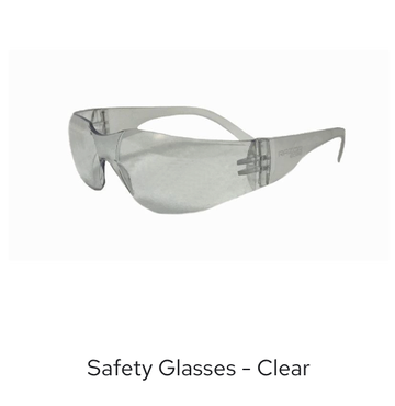 Clear safety glasses with wraparound lenses on a white background