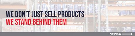 Bold ad text reads, “We don’t just sell products. We stand behind them,” in black and red on a gray background.