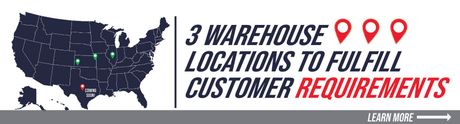US map with three red location pins and text: “3 warehouse locations to fulfill customer requirements”
