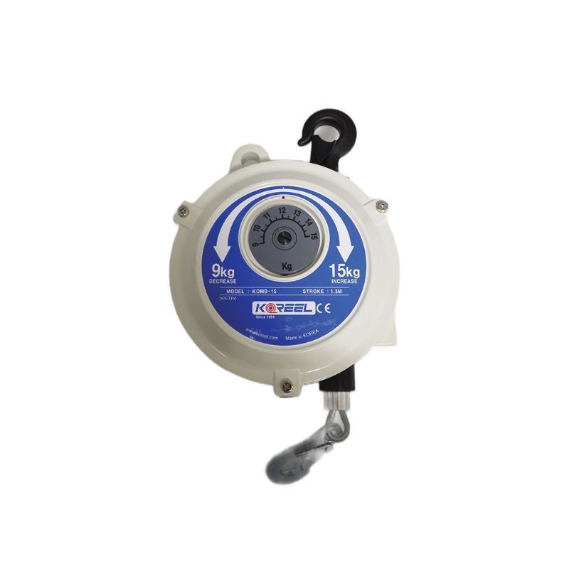 Tool balancer by Koreel model KOMB-15 retractable safety reel with black hook and metal clip on a white background
