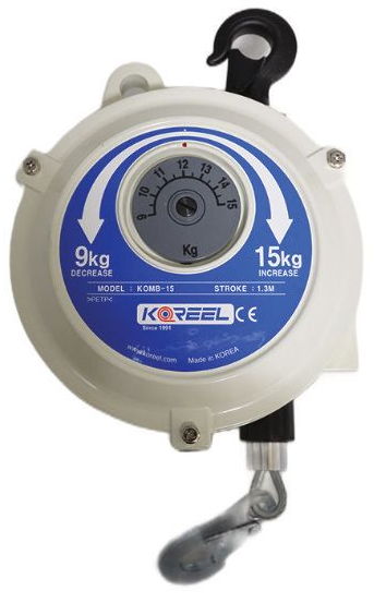 Tool balancer by Koreel retractable safety reel with black hook and metal clip on a white background