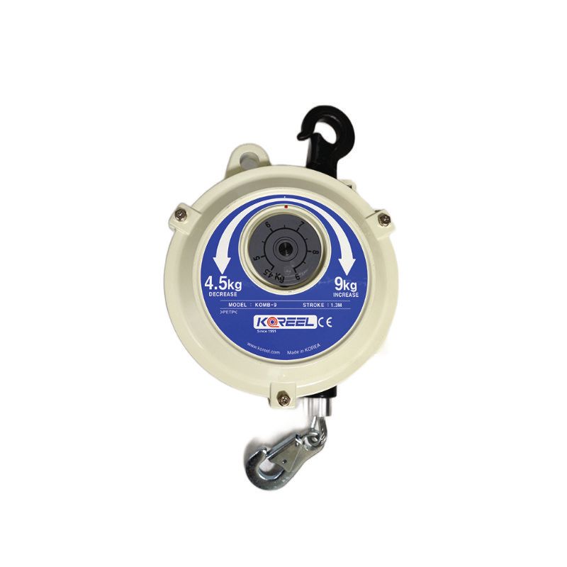 Tool balancer by Koreel model KOMB-9 retractable safety reel with black hook and metal clip on a white background