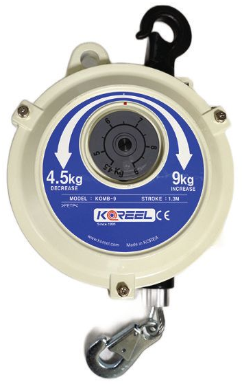 Tool balancer by Koreel model KOMB-9 retractable safety reel with black hook and metal clip on a white background