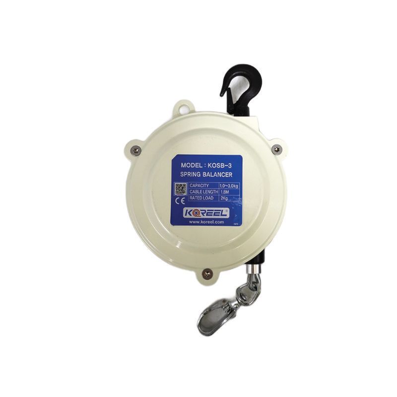 Tool balancer by Koreel model KOSB-3 retractable safety reel with black hook and metal clip on a white background
