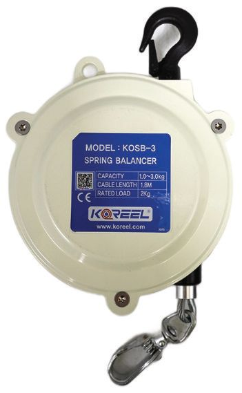 Tool balancer by Koreel model KOSB-3 retractable safety reel with black hook and metal clip on a white background