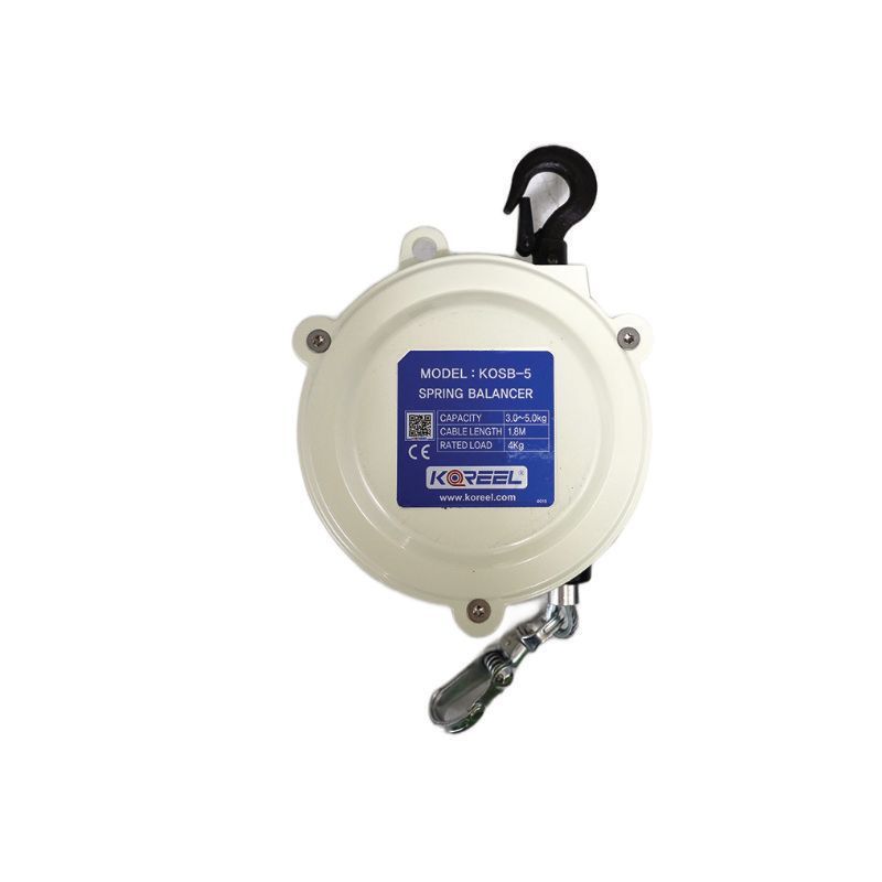 Tool balancer by Koreel model KOSB-5 retractable safety reel with black hook and metal clip on a white background