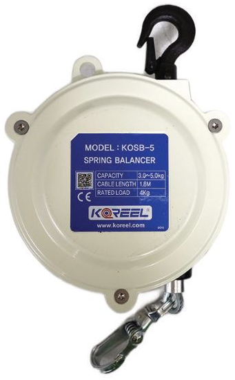 Tool balancer by Koreel model KOSB-5 retractable safety reel with black hook and metal clip on a white background