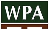 Green sign with large white “WPA” letters over a brown stripe on a white background