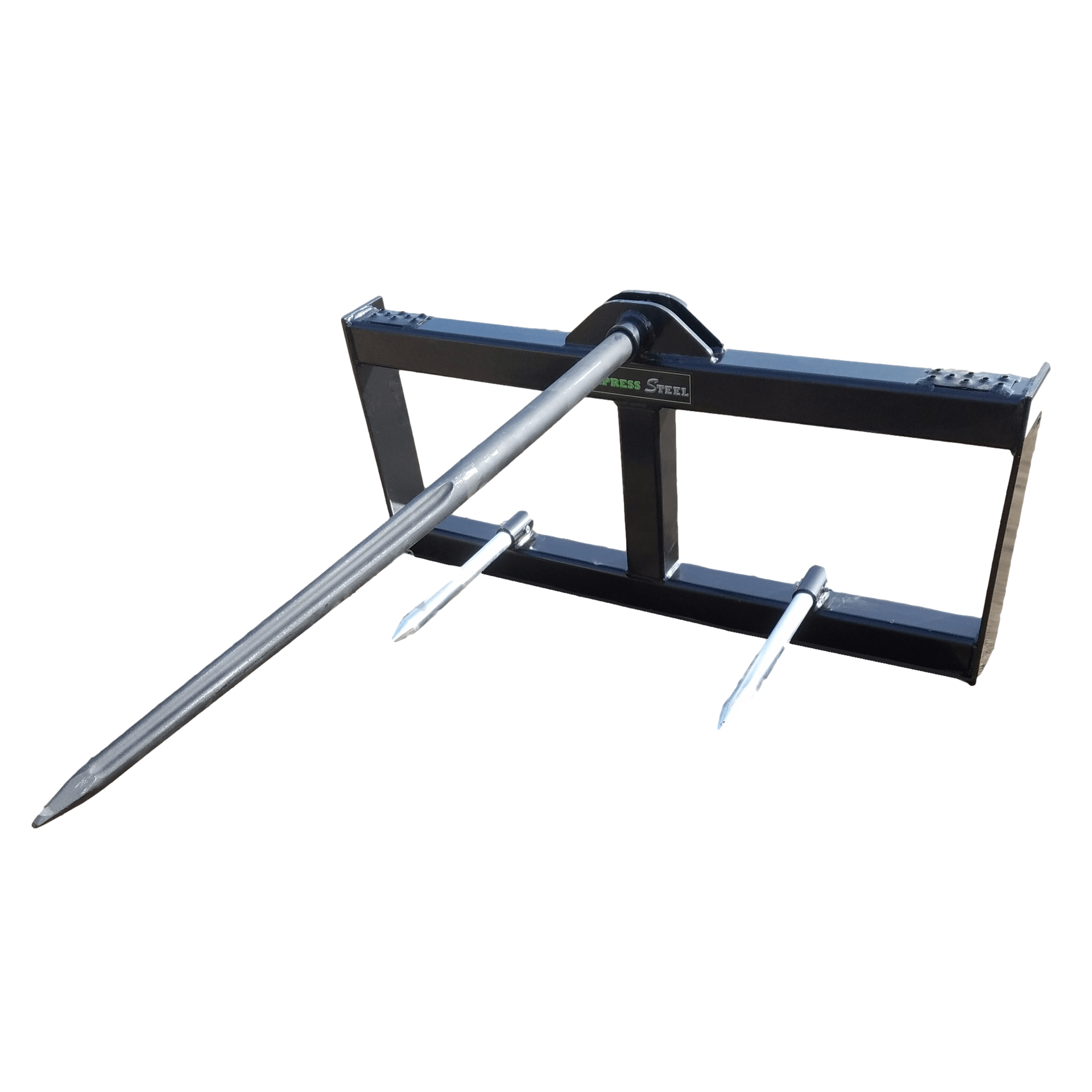 A hay bale spike attached to a forklift on a white background.