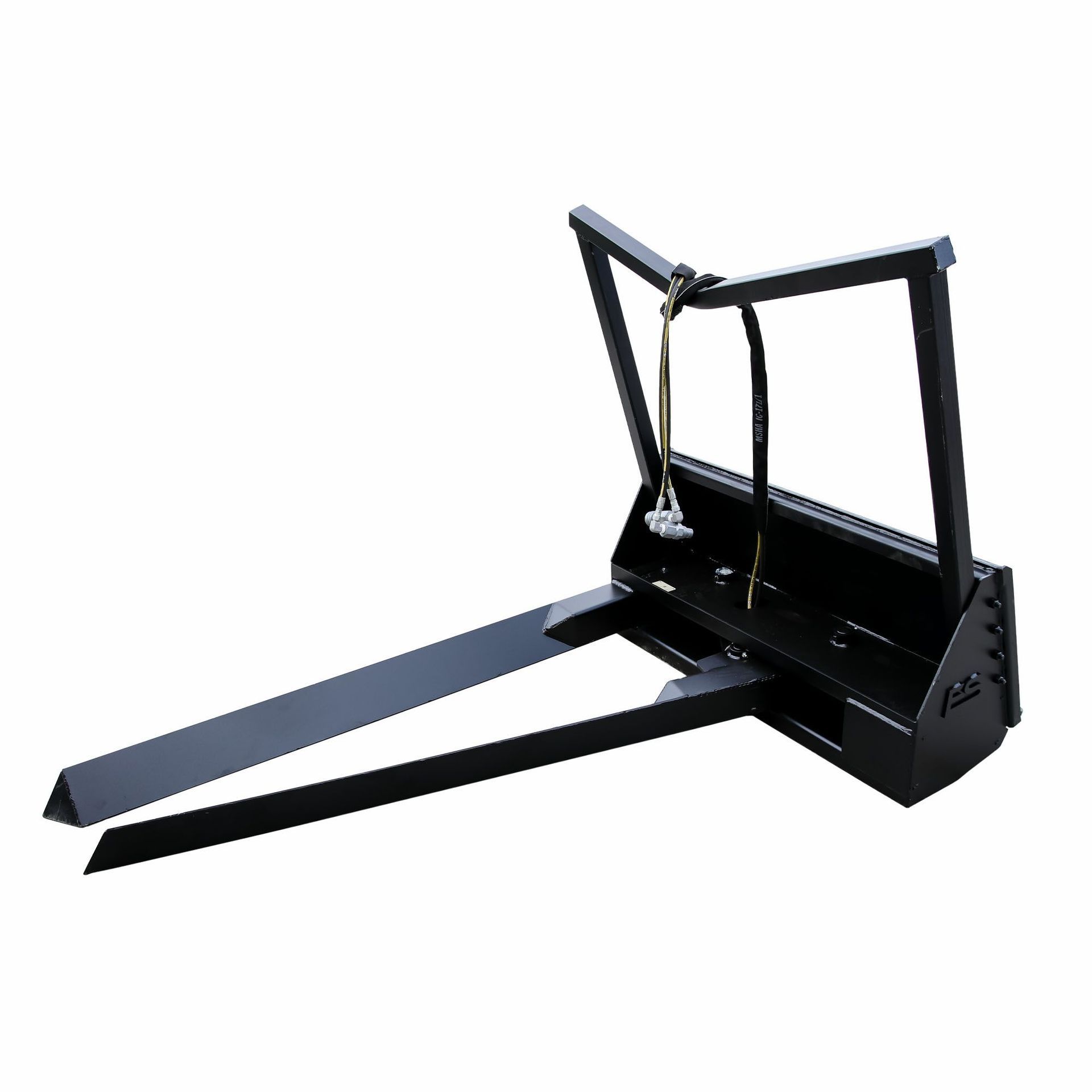 A black forklift is sitting on a white surface.
