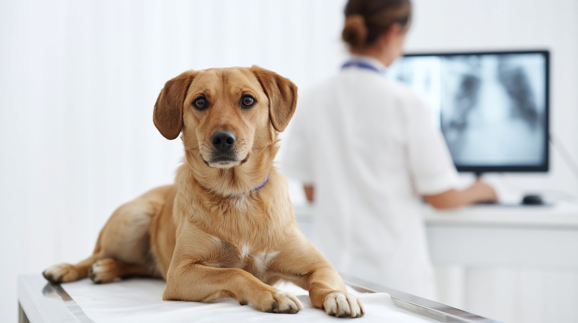 Dog resting on exam table as a vet reviews an x-ray at a pet hospital.