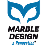 Blue and black Marble Design & Renovation logo with stylized marble icon and text