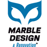 Blue and black Marble Design & Renovation logo with stylized marble icon and text