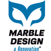 Blue and black Marble Design & Renovation logo with stylized marble icon and text