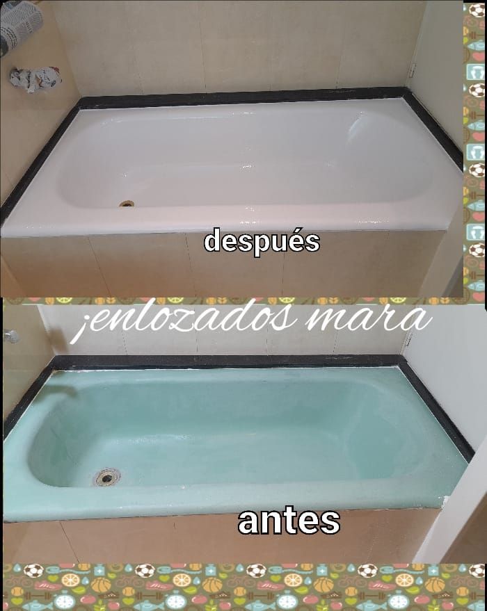 Antes y después de la renovación de una bañera: de color azul verdoso a blanco, con detalles en negro.