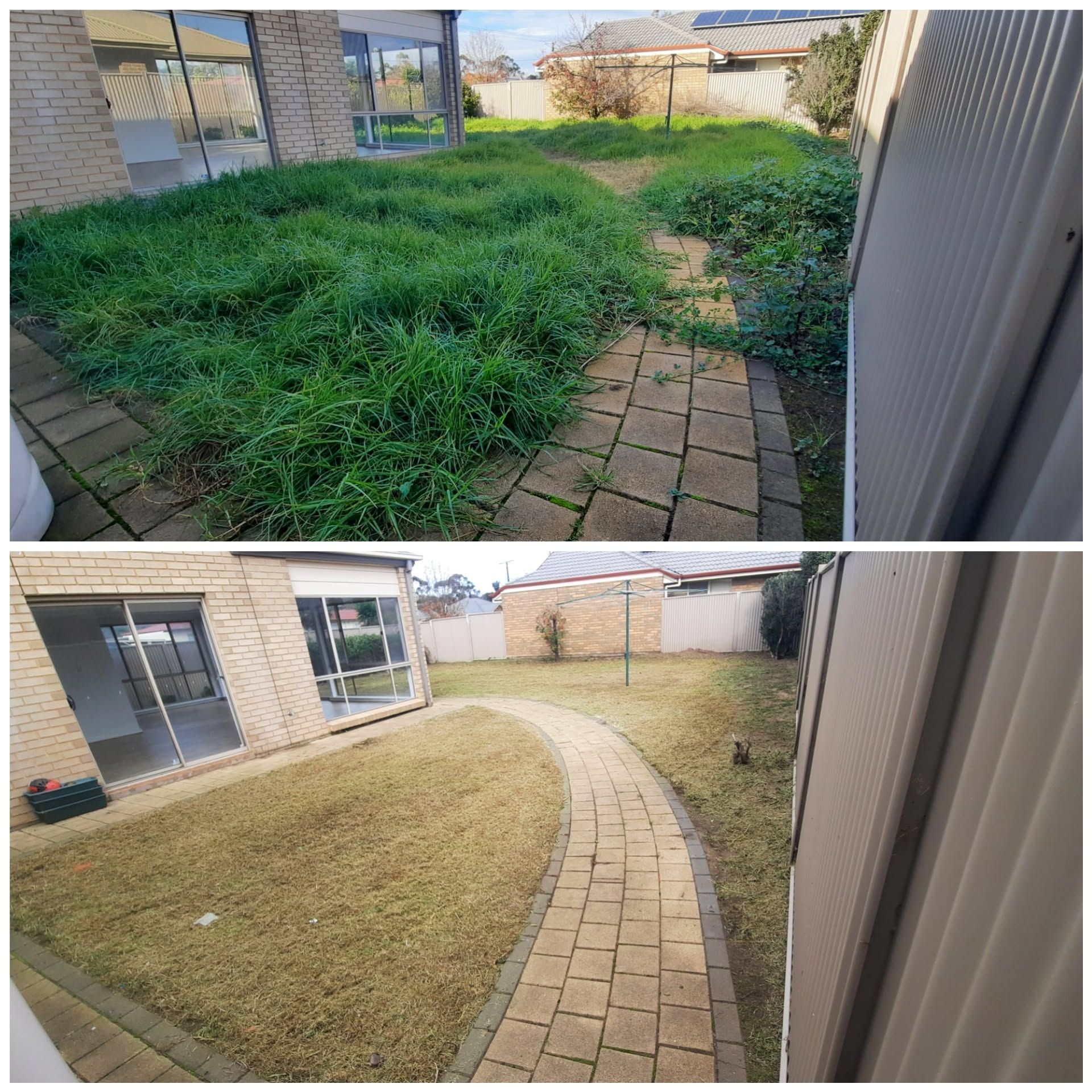 Construction site transformation. Before: Dirt, debris, bags of cement. After: Lawn, fence, clean outdoor space.
