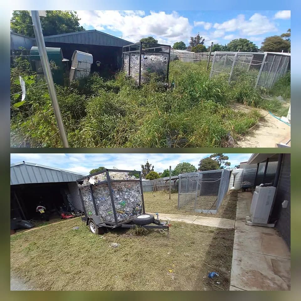 Before and after of a backyard: bare dirt transforms into lush green artificial turf with a new fence.
